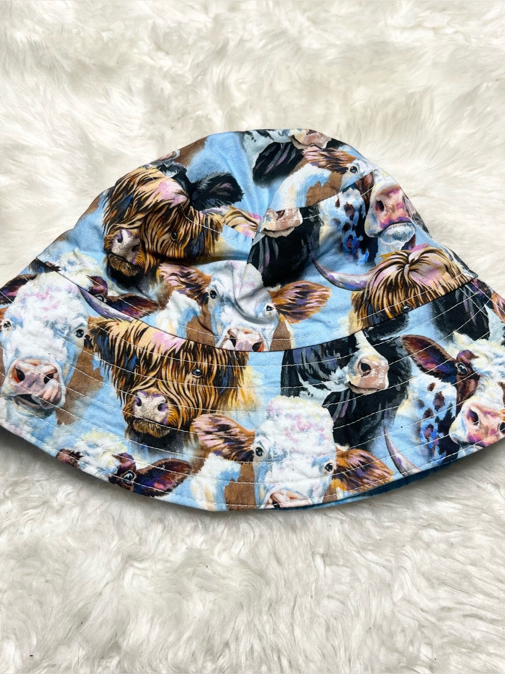 Highland Cow Print Bucket Hat - Blue Multicolor